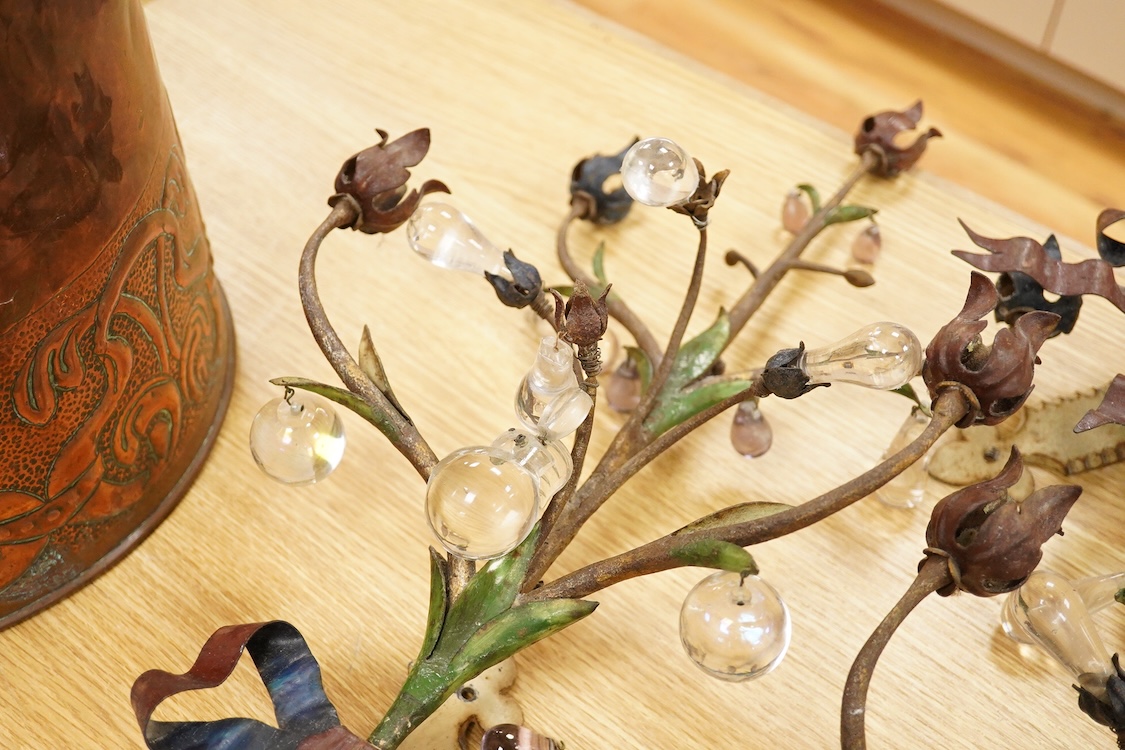 A pair of Continental toleware wall sconces with glass drops in the form of apples and buds, 60cm high